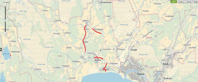 Punasega on märgitud kohad, kus on märgatud konnade rännet üle sõidutee.