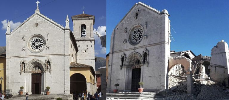 14. sajandist pärit Püha Benedictuse basiilika enne ja pärast üleeilset maavärinat.