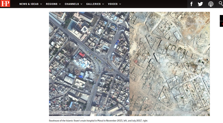 Vasakul satelliidipilt Mosulist 2015. aastal ja paremal 2017. aastal. Foto: