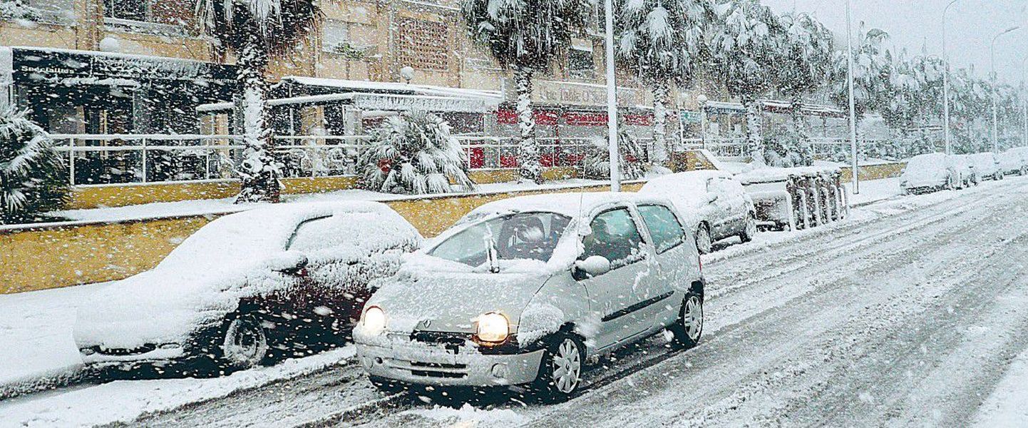 Prantsusmaal Vahemere ääres ilutseva Marseille’ linna palmid kattusid eile põhjaeuroopaliku lumekihiga, linna lennujaam suleti.