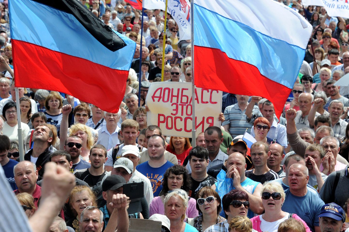 Rahvusäärmuslased, kelle arvates Ukraina peaks kuuluma Venemaale. Plakatil seisab «Donbass on Venemaa»