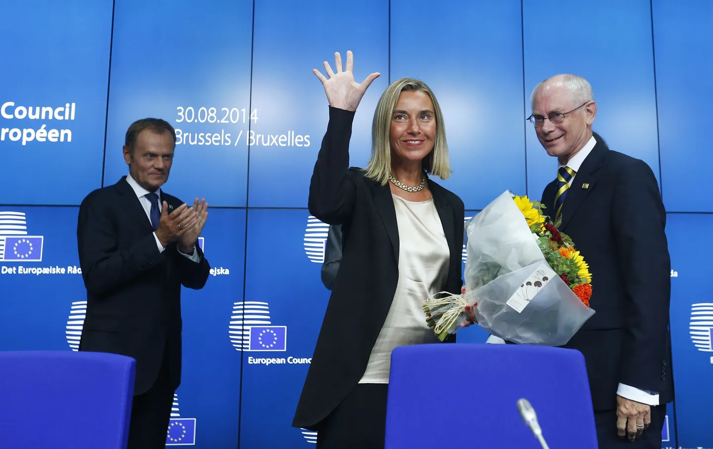Donald Tusk, Federica Mogherini ja Herman van Rompuy.