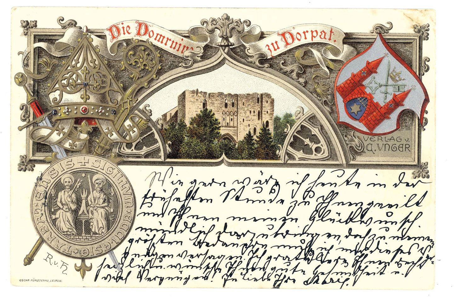 Tartu vapiga postkaart. Trükitud 1899. aastal Saksamaal Leipzigis Carl Ungeri kirjastuse tellimusel.