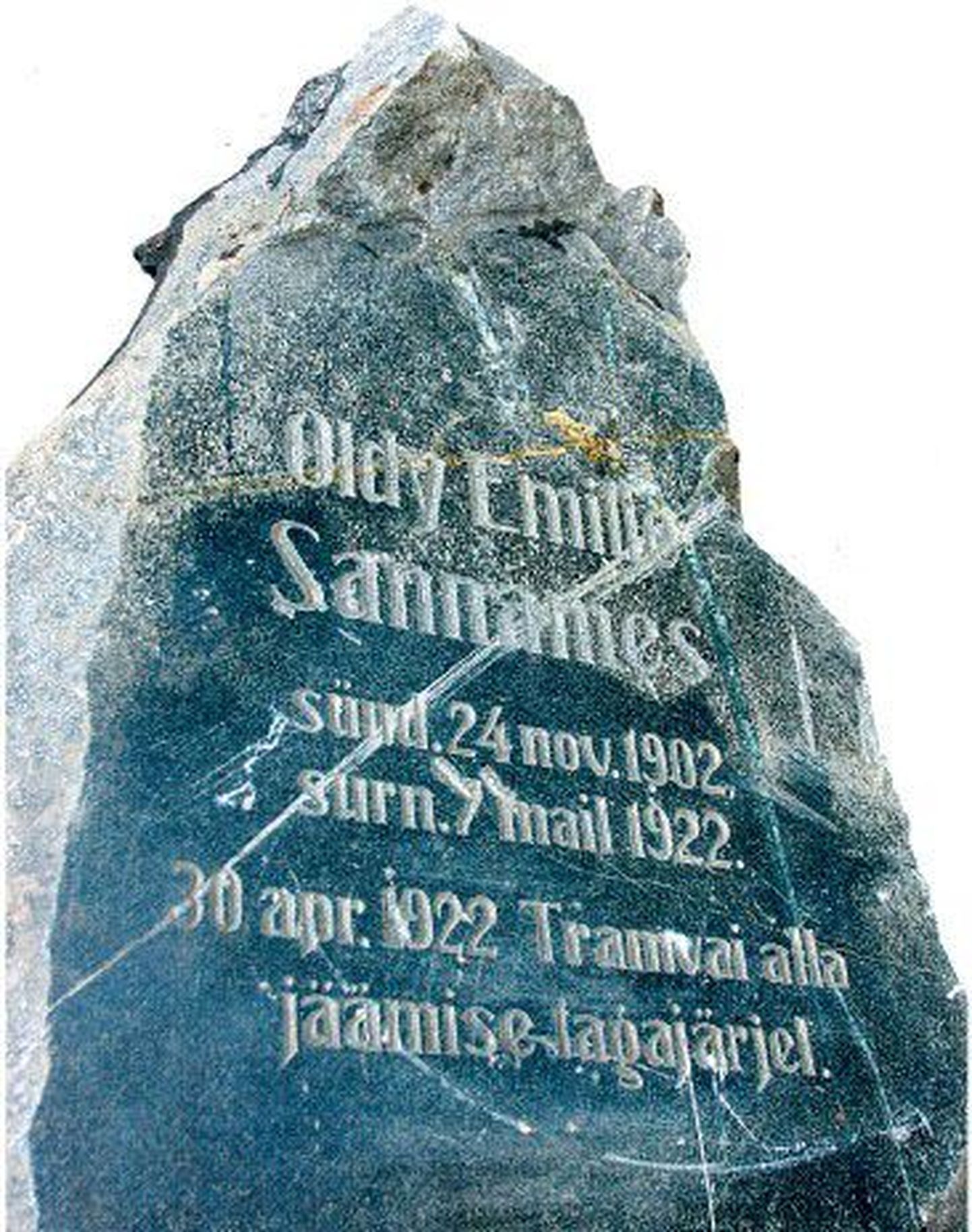 Kalamaja kalmistupargi uuendamisel tuli kaevetööde käigus välja
poolik kivi, mis kunagi tähistas 20-aastaselt «tramvai» alla jäänud
nooruki matmispaika.