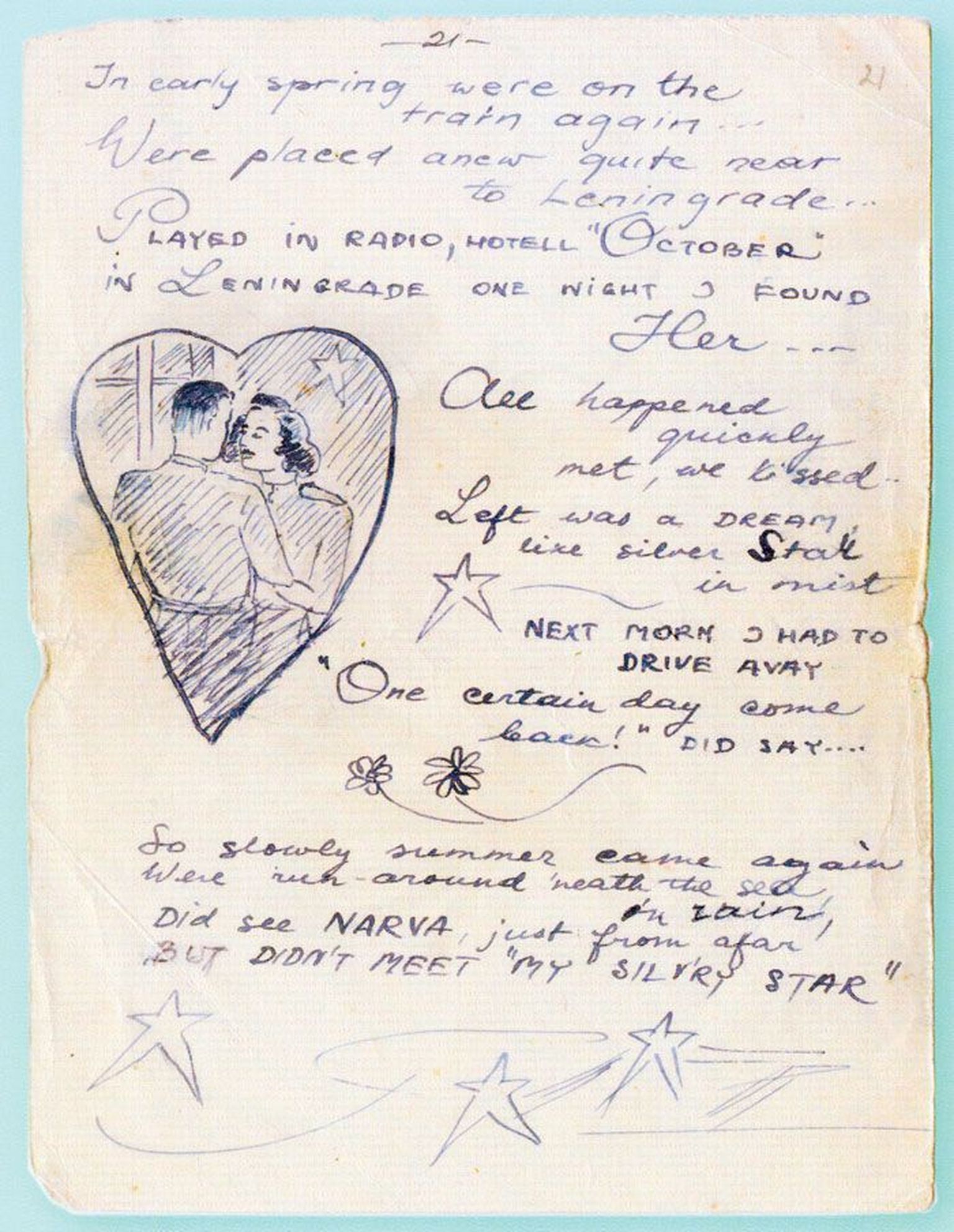 Raimond Valgre saatis Niina Nikolajevna Vassiljevale 21 kaardil enda lühikese, kuid riimitud ja illustreeritud eluloo.