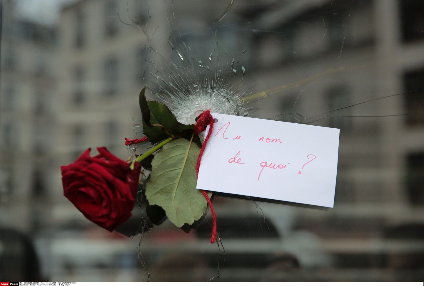 "Mille nimel?" küsib silt roosi küljes, mis on torgatud kuuliauku Pariisi terrorirünnaku kohas.