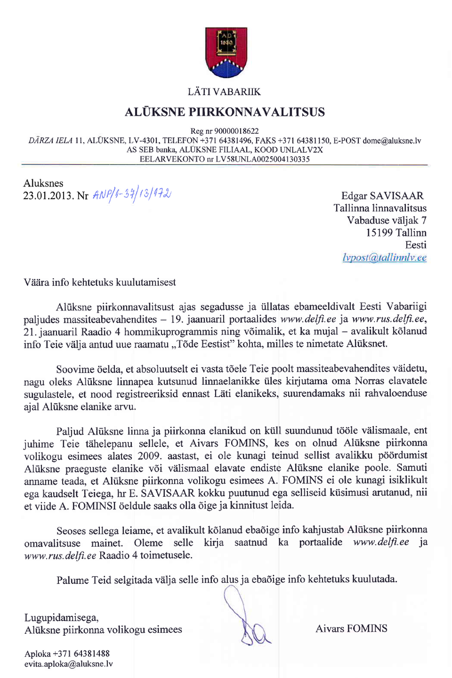 Lti Alūksne piirkonna volikogu esimehe Aivars Fominsi kiri Edgar Savisaarele.