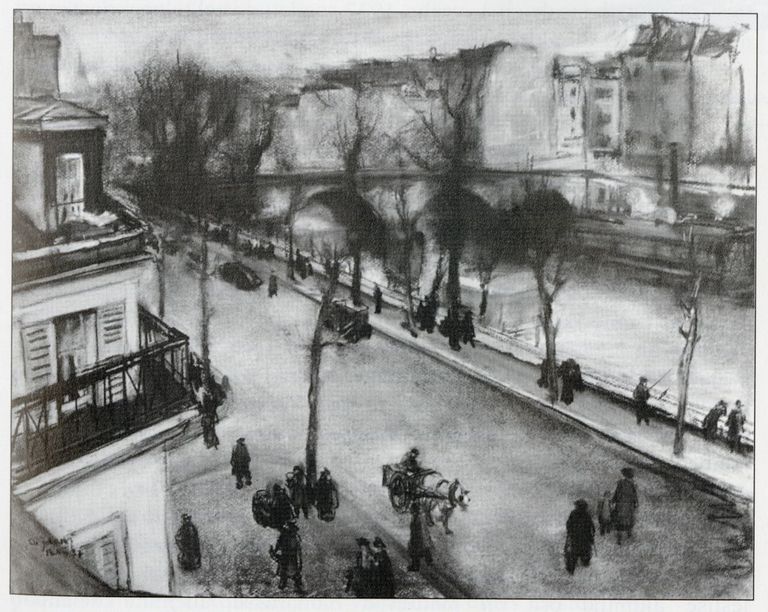 Andrus Johani. Bulvar Seine’i kaldal. 1937. Süsi, värviline kriit