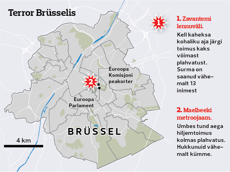 Kaart Brüsseli plahvatustega. Graafika: Alari Paluots