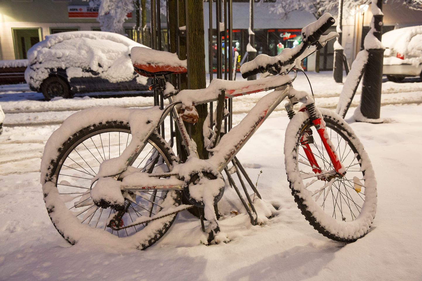 Ilmenau tänavale pargitud jalgratas on kaetud lumega.