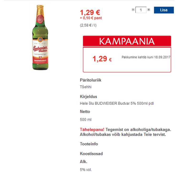 Цена Budweiser в Эстонии, интернет-магазин Maxima. Фото: