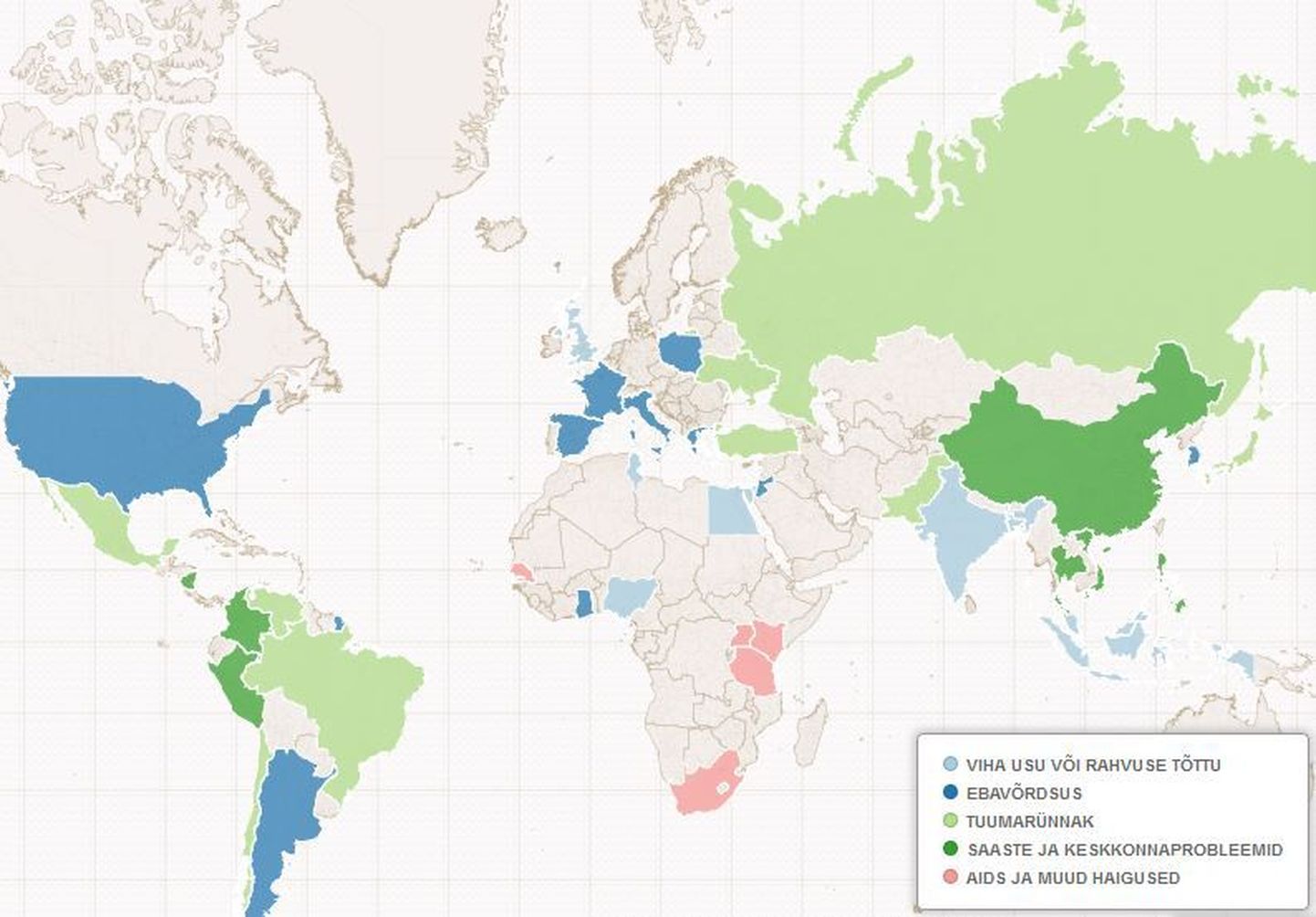 Kaart näitab, mida kardetakse neis riikides kõige rohkem