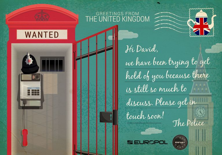 Europoli postkaart, mis käib Briti politsei poolt tagaotsitava David Danieli kohta