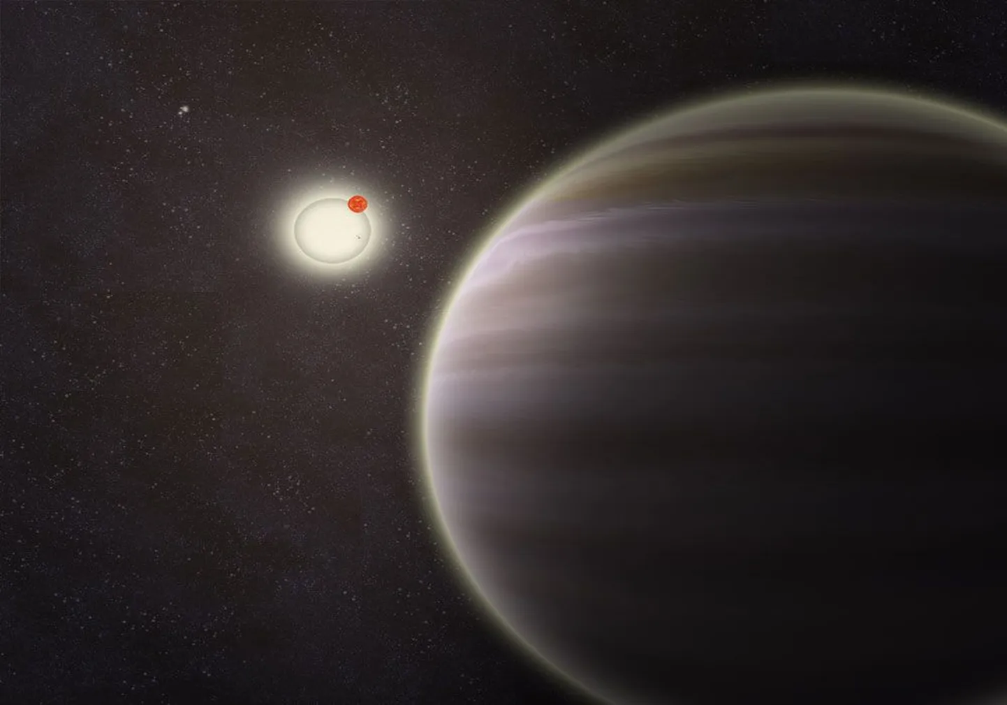 Такой видит художник планету PH1 (на переднем плане), вращающуюся вокруг двойной звезды, вокруг которой на большем удалении вращается еще одна двойная звезда. Свое имя эта удивительная планета получила по названию сайта Planethunters, который помог ее открыть.