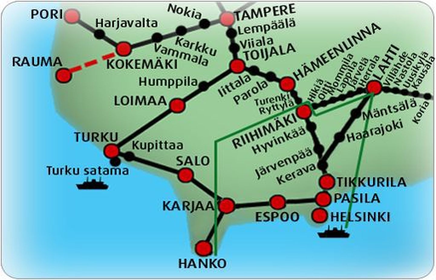 Helsingist Kouvolasse suundunud rong pidi ristmikul pöörama Lahti poole, kuid võttis suuna Riihimäkile.