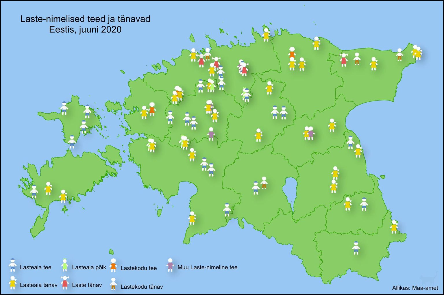Maa-ameti kaart laste-nimelistest teedest ja tänavatest.