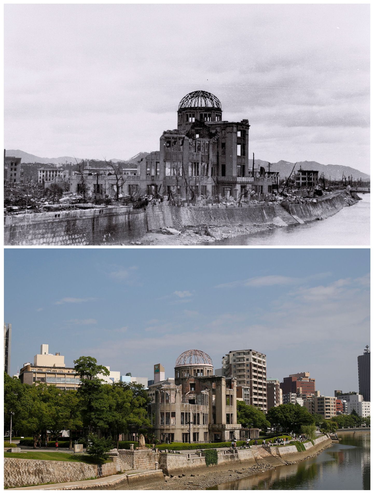 A combination picture shows the gutted Hiroshima Prefectural Industrial Promotion Hall (C), which is currently called the Atomic Bomb Dome or A-Bomb Dome, after the atomic bombing of Hiroshima on August 6, 1945, in this undated handout photo taken by Toshio Kawahara and released by his grandchild Yoshio Kawamoto (top), and the same location near Aioi Bridge in Hiroshima on July 28, 2015. On August 6, 1945, the U.S. dropped the atomic bomb on Hiroshima, killing about 140,000 by the end of the year, out of the 350,000 who lived in the city. Three days later, a second atomic bomb was dropped on Nagasaki. As the 70th anniversary of the world's first nuclear attack approaches, Reuters photographer Issei Kato sourced archive images of the cities in the aftermath of the bombing and revisited the same locations today. Mandatory credit REUTERS/Toshio Kawamoto/Yoshio Kawamoto/Handout via Reuters/Issei Kato   TPX IMAGES OF THE DAYPICTURE 1 OF 10 FOR WIDER IMAGE STORY "HIROSHIMA AND NAGASAKI - AFTER THE ATOMIC BOMB".SEARCH "KATO ATOMIC" FOR ALL PICTURES.ATTENTION EDITORS - THIS PICTURE WAS PROVIDED BY A THIRD PARTY. REUTERS IS UNABLE TO INDEPENDENTLY VERIFY THE AUTHENTICITY, CONTENT, LOCATION OR DATE OF THIS IMAGE. NO SALES. NO ARCHIVES. FOR EDITORIAL USE ONLY. NOT FOR SALE FOR MARKETING OR ADVERTISING CAMPAIGNS. MANDATORY CREDIT. THIS PICTURE IS DISTRIBUTED EXACTLY AS RECEIVED BY REUTERS, AS A SERVICE TO CLIENTS.