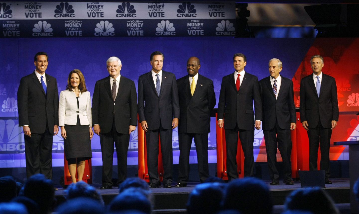 USA vabariiklaste presidendikandidaadid Rick Santorum, Michele Bachmann, Newt Gingrich, Mitt Romney, Herman Cain, Rick Perry, Ron Paul ning Jon Huntsman.