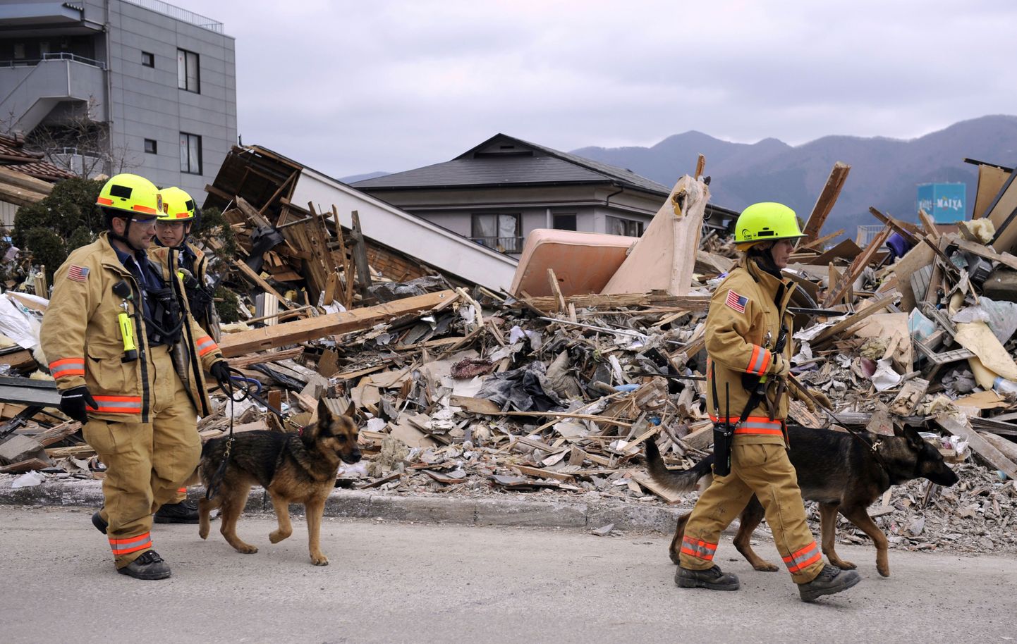 Американские спасатели ищут выживших в городе Офунато, который сильно пострадал от землетрясения.