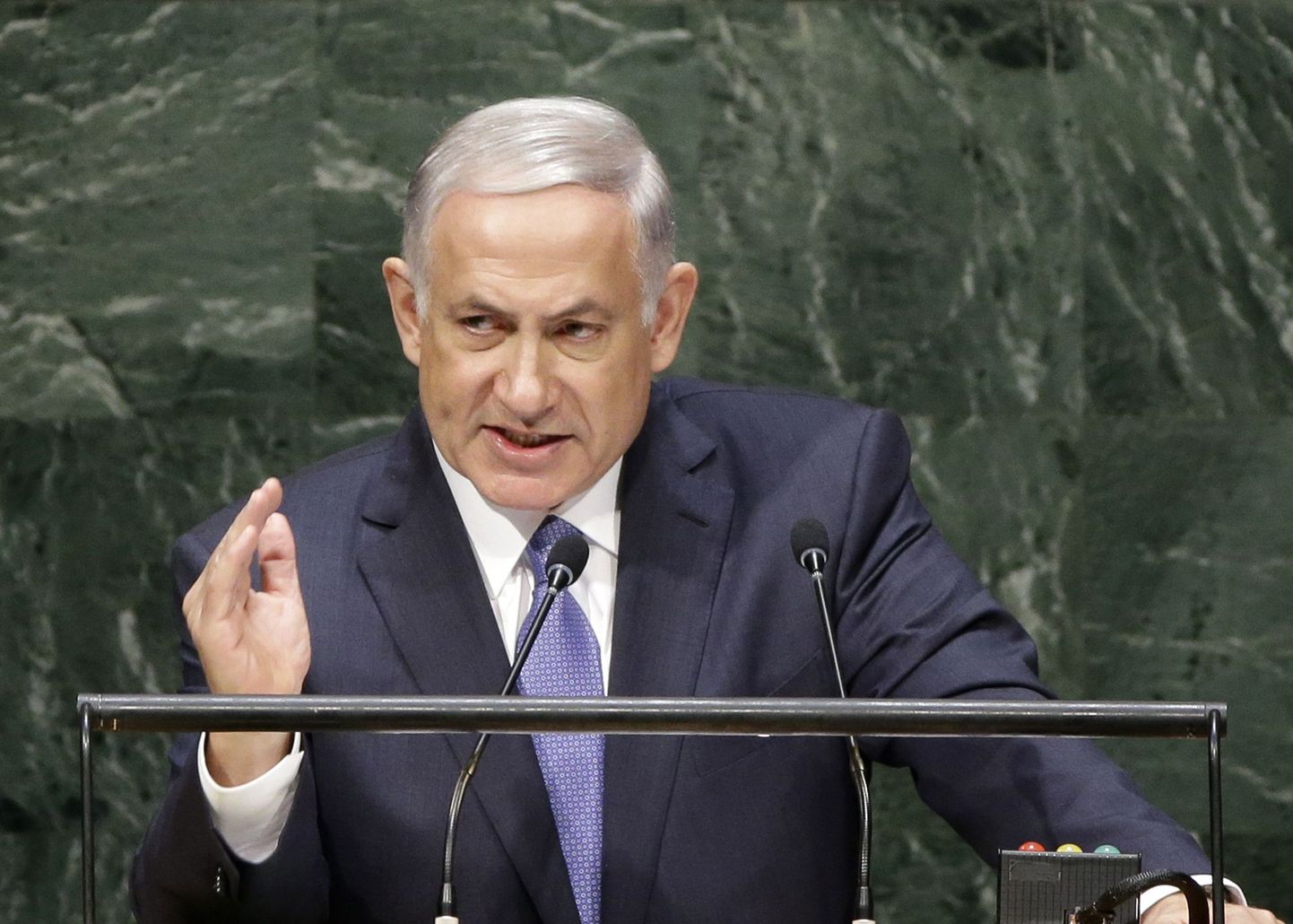 Benjamin Netanyahu, Prime Minister of Israel, speaks during the 69th session of the United Nations General Assembly at U.N. headquarters, Monday, Sept. 29, 2014. (AP Photo/Seth Wenig) / TT / kod 436