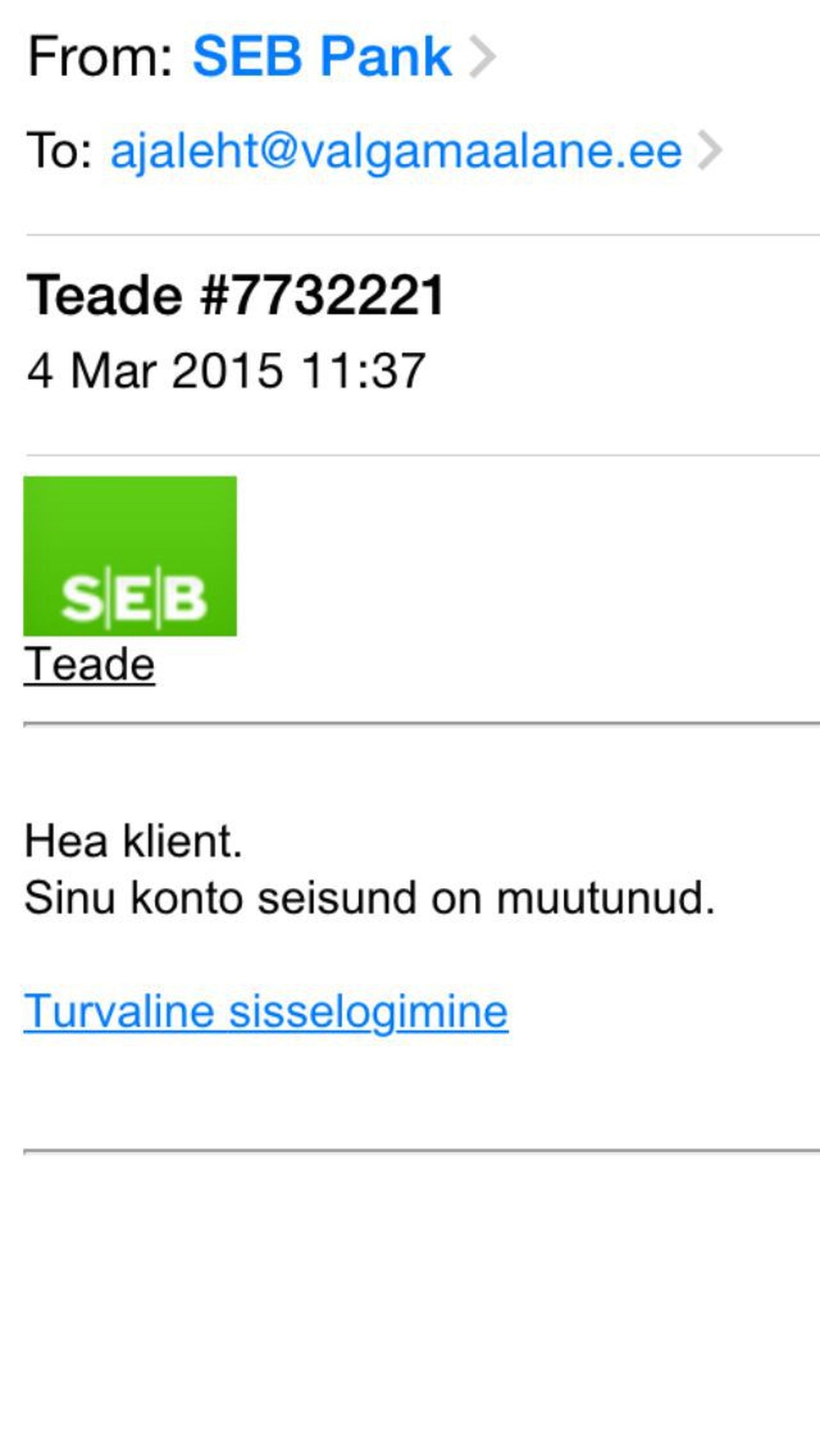 SEB libakiri, mis laekus Valgamaalase e-posti aadressile.