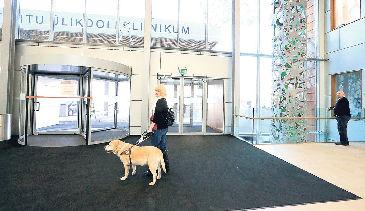 Segadus välisukse juures. Anneli Timpmann tajub, et infolaud ei saa olla kaugel. Keegi appi ei tule. Ka turvamees seisab eemal.