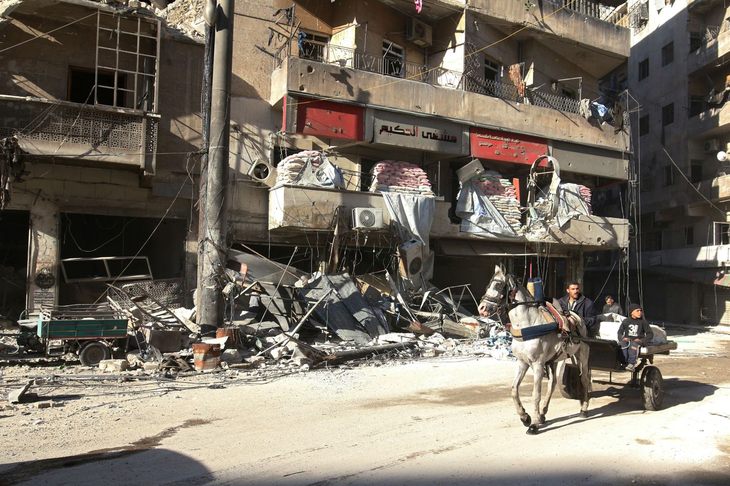 Hobuvanker hävitatud al-Hakeemi haigla lähedal Aleppos.
