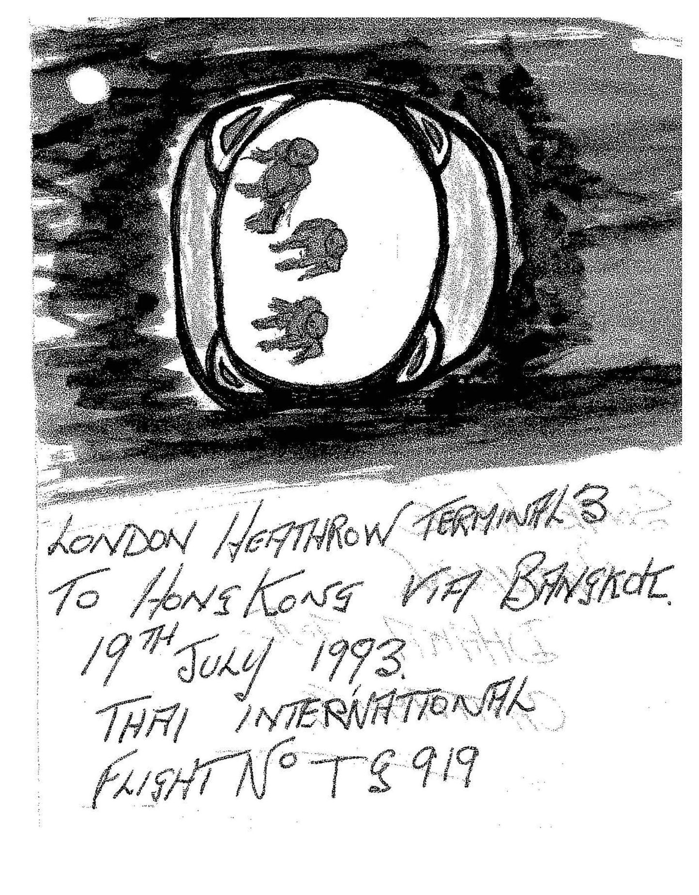Briti rahvusarhiivis säilitatav joonistus 1993. aastal Heathrow lennuvälja juures nähtud tundmatust lendavast objektist.