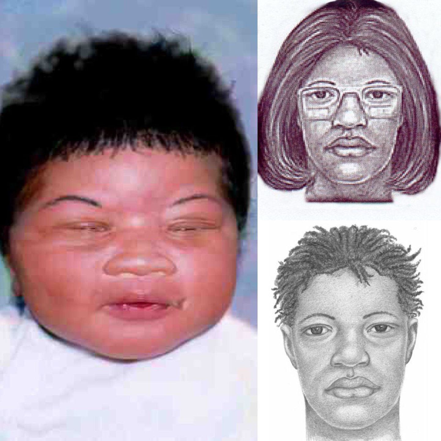 Vasakul: Kamiyah Mobley vastsündinuna. Paremal: politseisketšid tüdruku röövinud Gloria Williamsist.