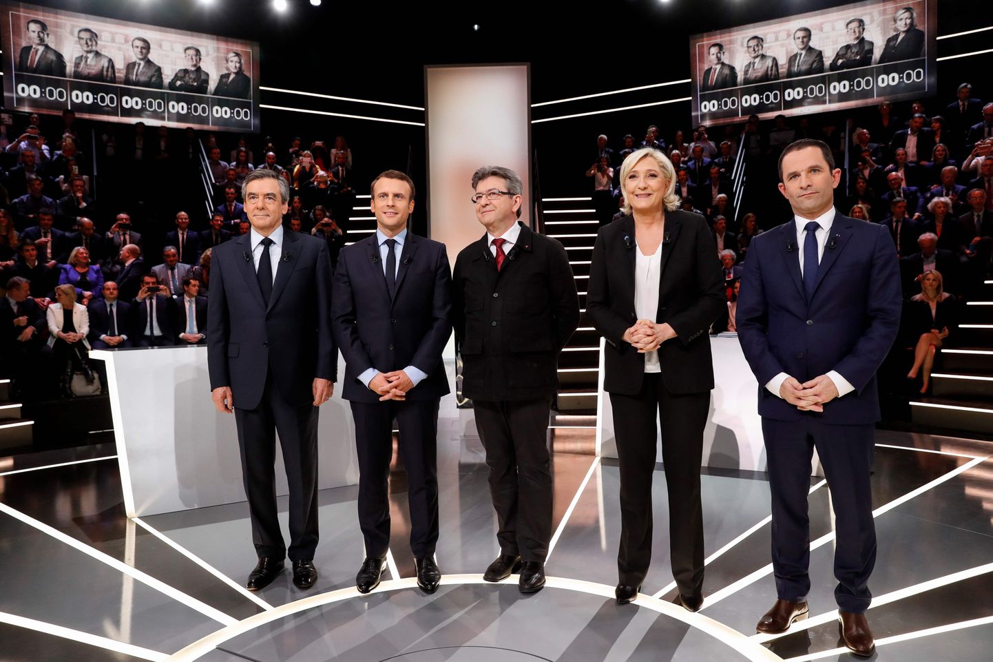 Prantsuse presidendidebatil osalenud vasakult: François Fillon, Emmanuel Macron,  Jean-Luc Mélenchon, Marine Le Pen ja Benoît Hamon.