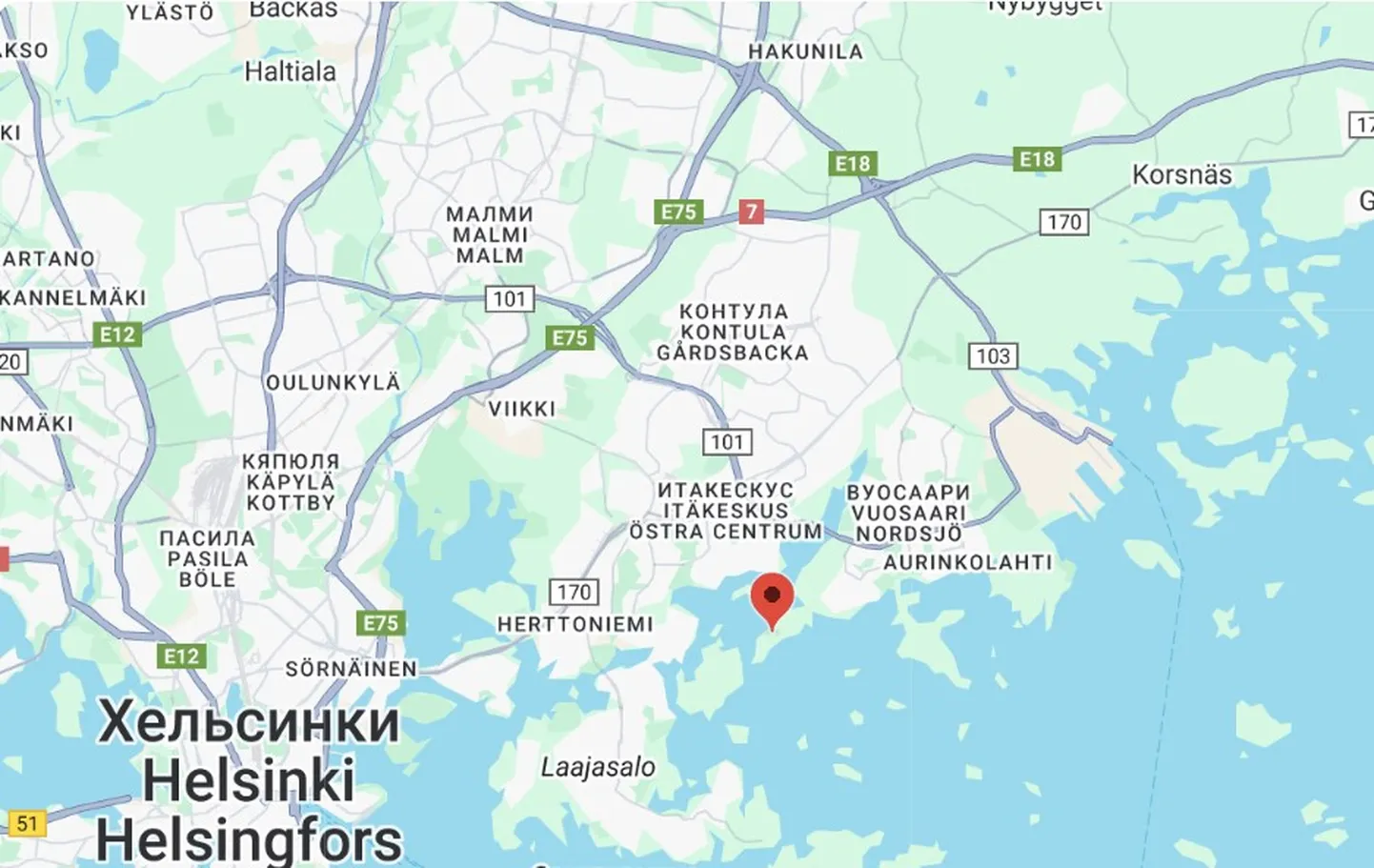 Место расположения принадлежащего российским бизнесменам участка земли на карте Хельсинки.