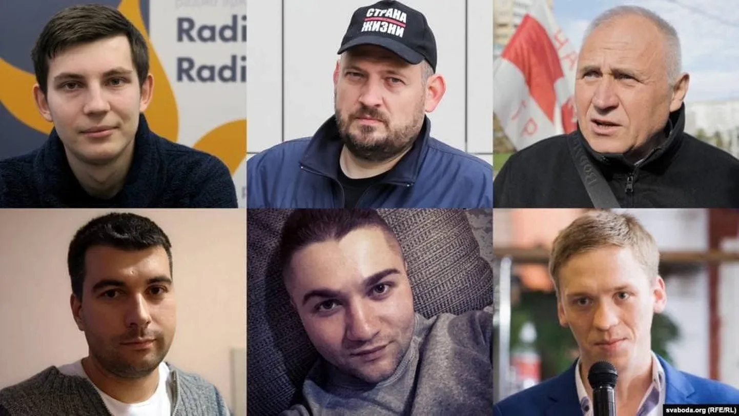 Шестеро подсудимых резонансного процесса (сверху и слева направо): Игорь Лосик, Сергей Тихановский, Николай Статкевич, Владимир Цыганович, Артем Саков и Дмитрий Попов.