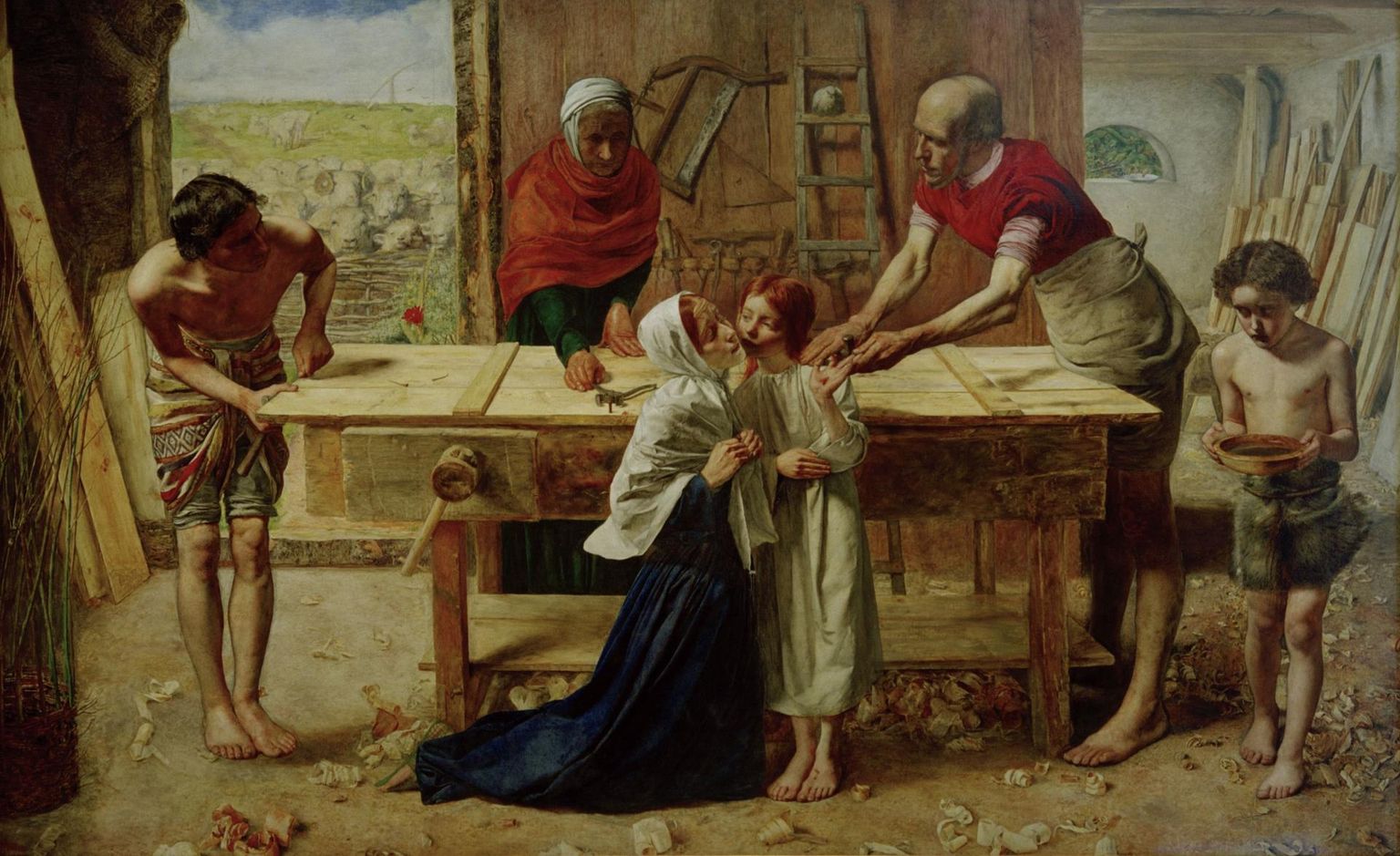 John Everett Millaisi maal Kristusest (esiplaanil koos ema Maarjaga) lapsepõlvekodus. Taustal on Joosepi abiline, Jeesuse vanaema püha Anna, püha Joosep ning Ristija Johannes vett toova poisina. 