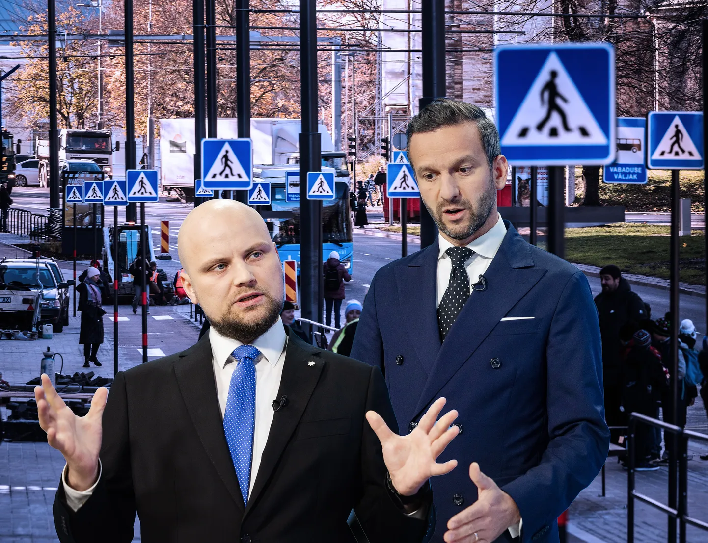 Abilinnapead Kristjan Järvan ja Pärtel-Peeter Pere liiklusmärkide alleel. Kollaaž.