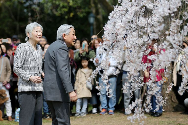 Jaapani keiser Akihito (paremal) ja keisrinna Michiko 27. märtsil 2019 vataamas Kyoto botaanikaaias õites kirsse