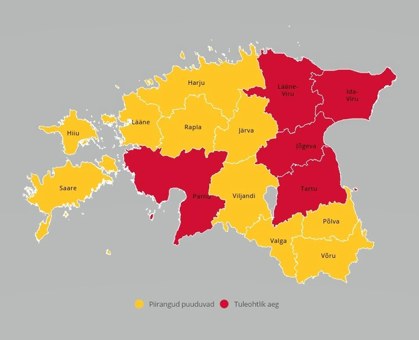 Tuleohtliku aja kehtestamisel hindab päästeamet iga päev riigi ilmateenistuse tuleohukaarti. 21. juulil nägi see välja niimoodi.