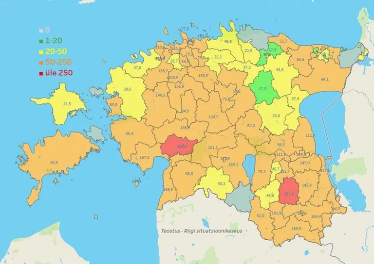 По сравнению с другими волостями, семидневный уровень заражения в волости Тори является самым высоким в Эстонии.