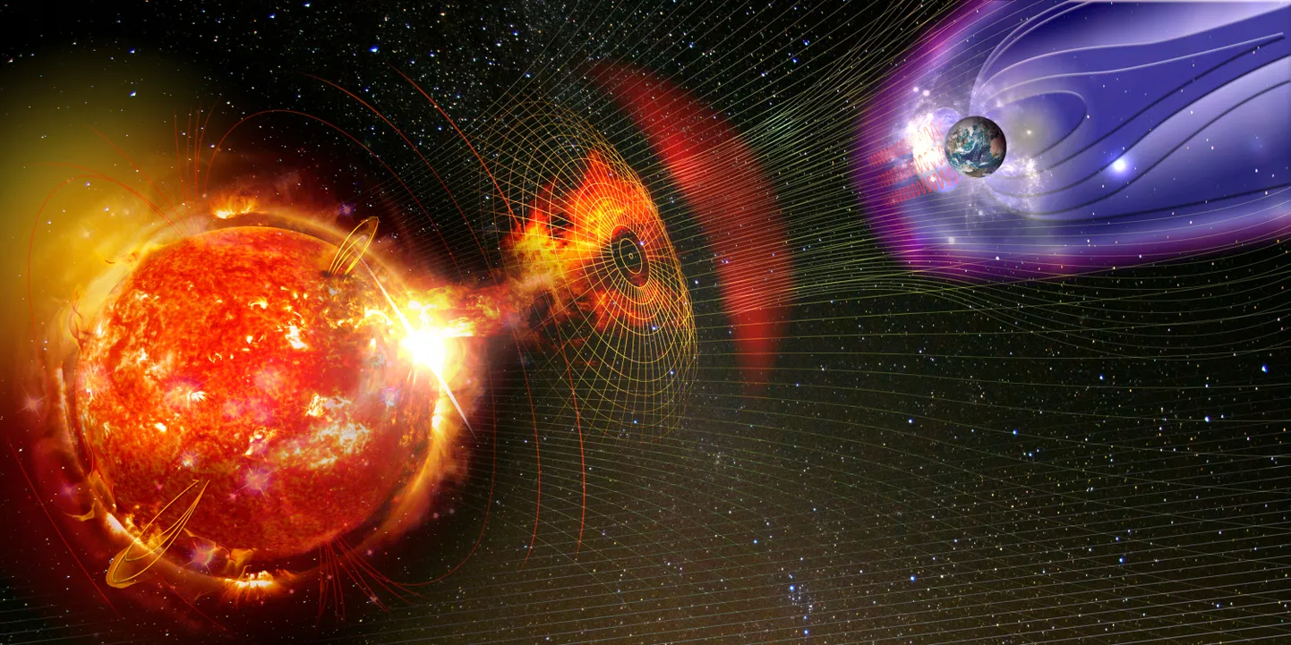 Päikesetorm ja Maa magnetväli. Pilt on illustreeriv