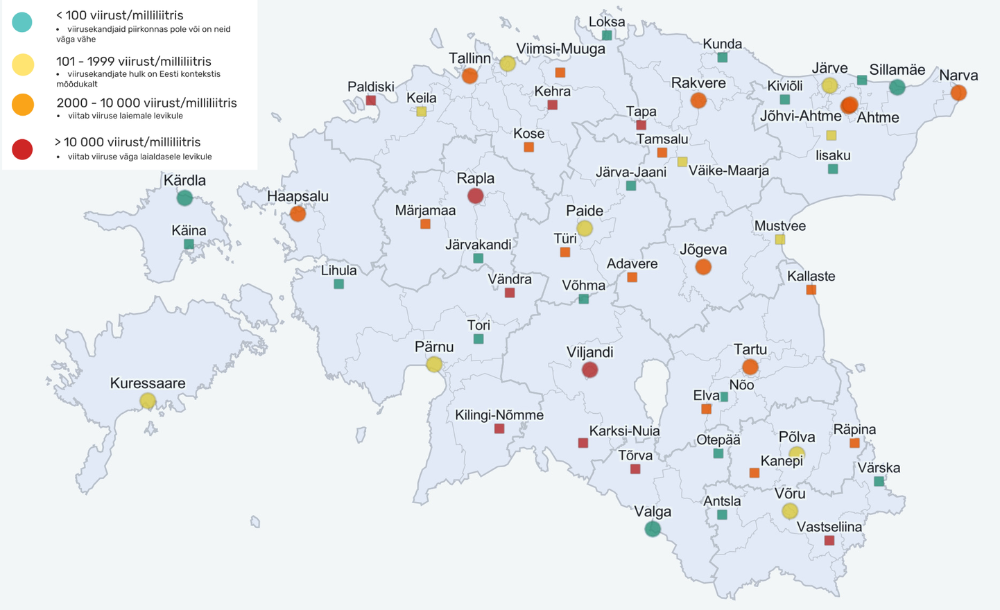 Selle nädalase reoveeuuringu tulemused Eesti kaardil.