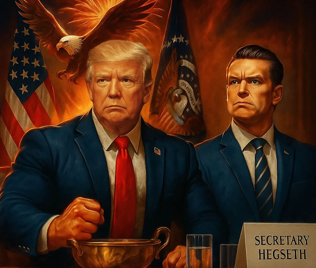 An AI-generated image, officially shared on U.S. Secretary of Defense Pete Hegseth’s social media account, reveals the Pentagon chief’s macho self-image.