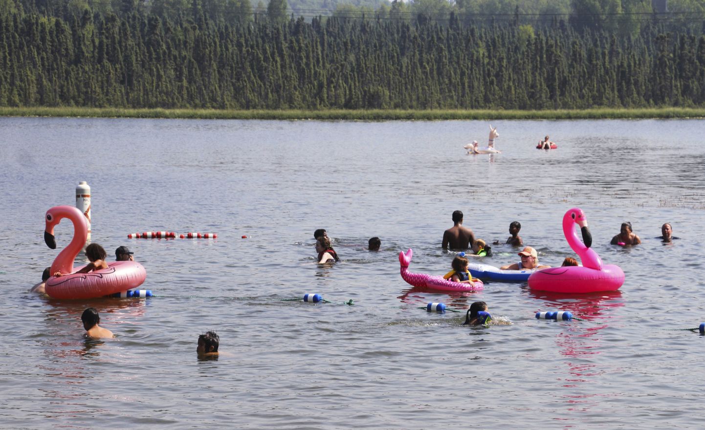 Bērni rotaļājas ar piepūšamiem flamingo ezerā piektdien, 2019. gada 5. jūlijā, Ankoridžā, Aļaskā. Oficiālā temperatūra ceturtdien, 4. jūlijā, pirmo reizi sasniegusi +32 grādus.

