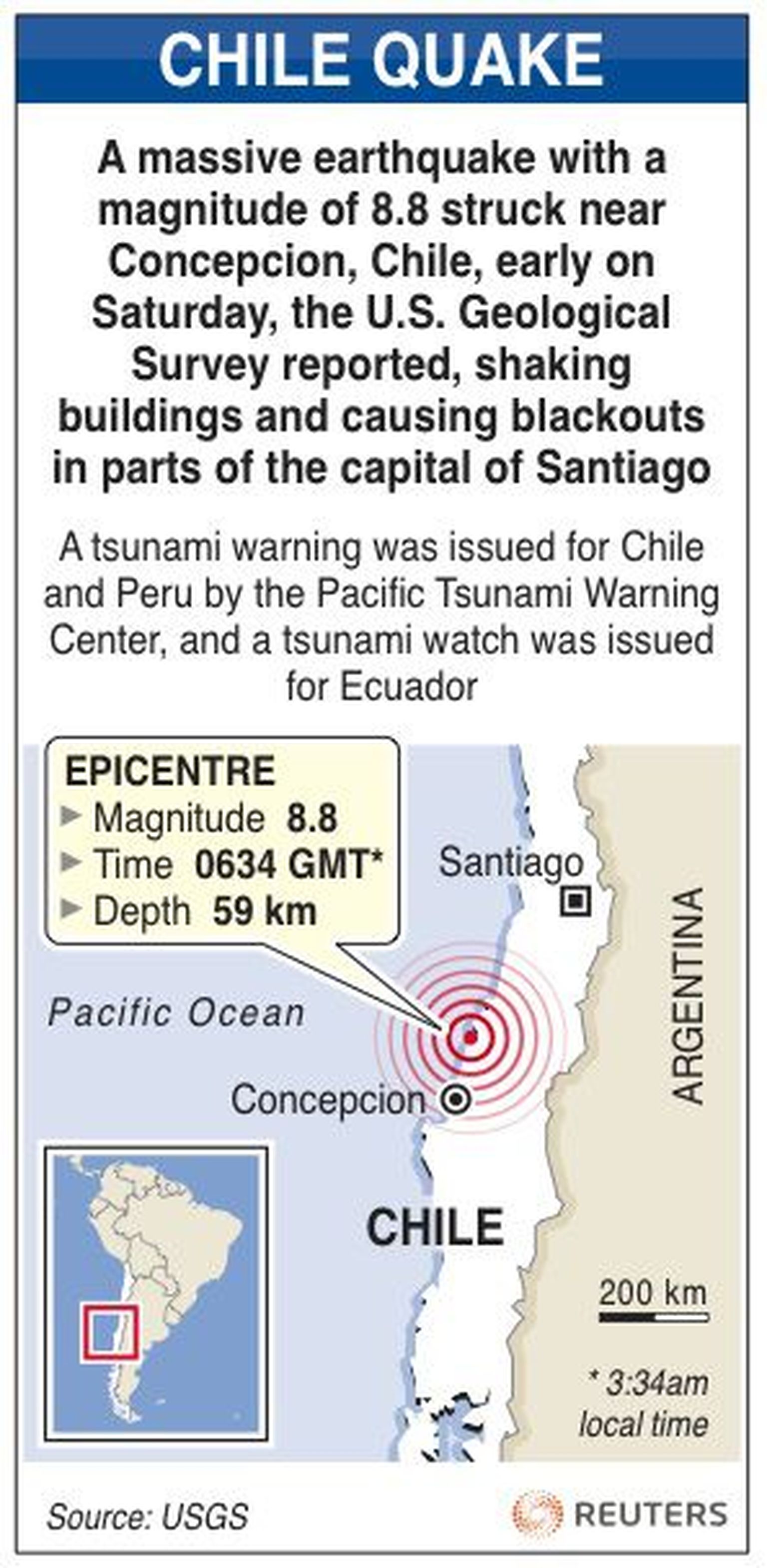Reutersi skeem Tšiilit raputanud 8,8-magnituudise maavärina kohta.