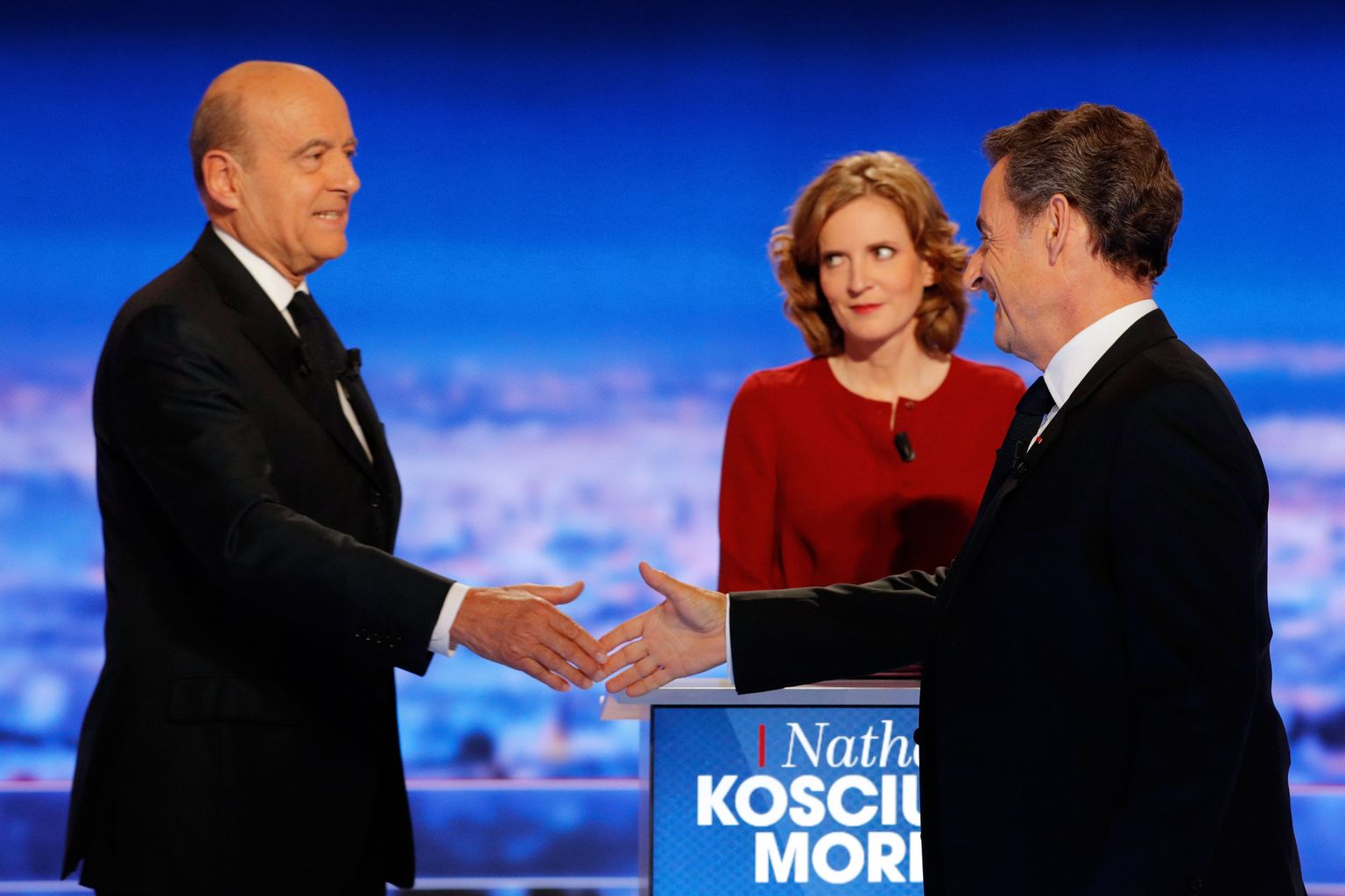 Konservatiivide presidendidkandidaadiks pürgivad Alain Juppé (vasakul), Nathalie Kosciusko-Morizet (keskel) ja Nicolas Sarkozy hiljutisel teledebatil.