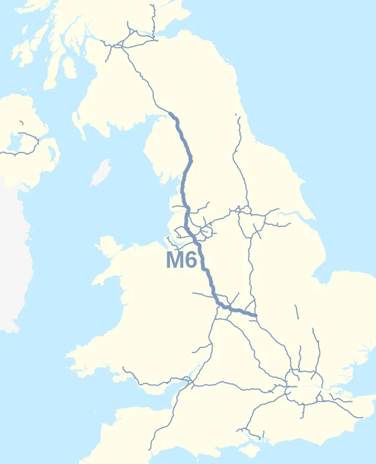 M6 kiirtee Ühendkuningriigis (jämedama sinisega)
