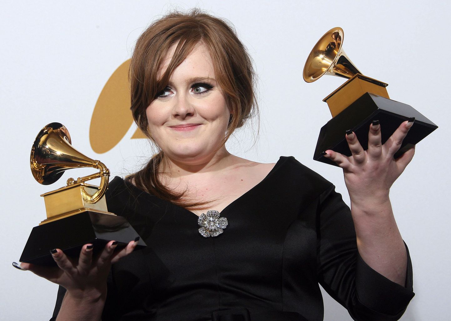 British singer Adele holds the Grammy awards for the Best New Artist and Best Female Pop Vocal Performance for "Chasing Pavements during the 51st annual Grammy awards held at the Staples Center in Los Angeles, on February 8, 2009. AFP PHOTO / VALERIE MACON