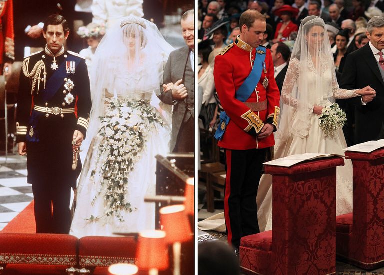 Vasakul printess Diana pulmapäev 29.juulil 2981.aastal ja paremal Kate Middleton koos prints Williamiga Westminster Abbeys 29.juulil 2011.aastal.  FOTO / STR/AFP /Scanpix