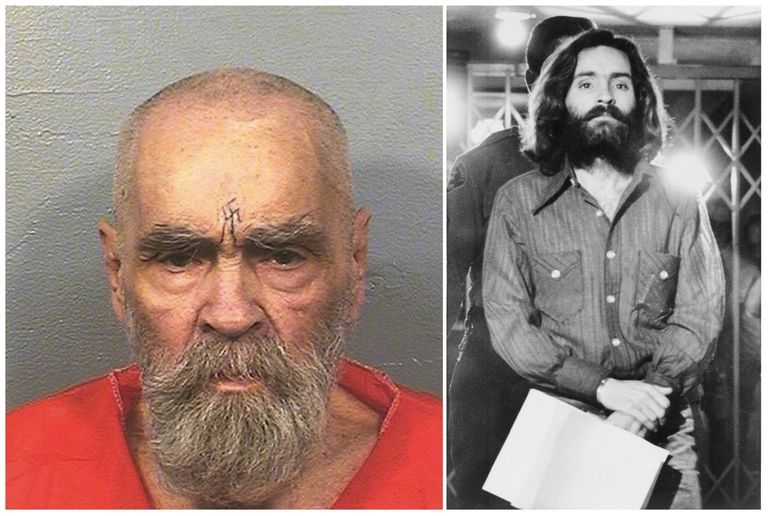 USA mõrvar ja sektijuht Charles Manson, kes suri 19. novembril 2017 California Bakersfieldi vanglas. Pildil paremal on ta 1969. aastal pärast arreteerimist, vasakul vanemaealisena vanglas.
