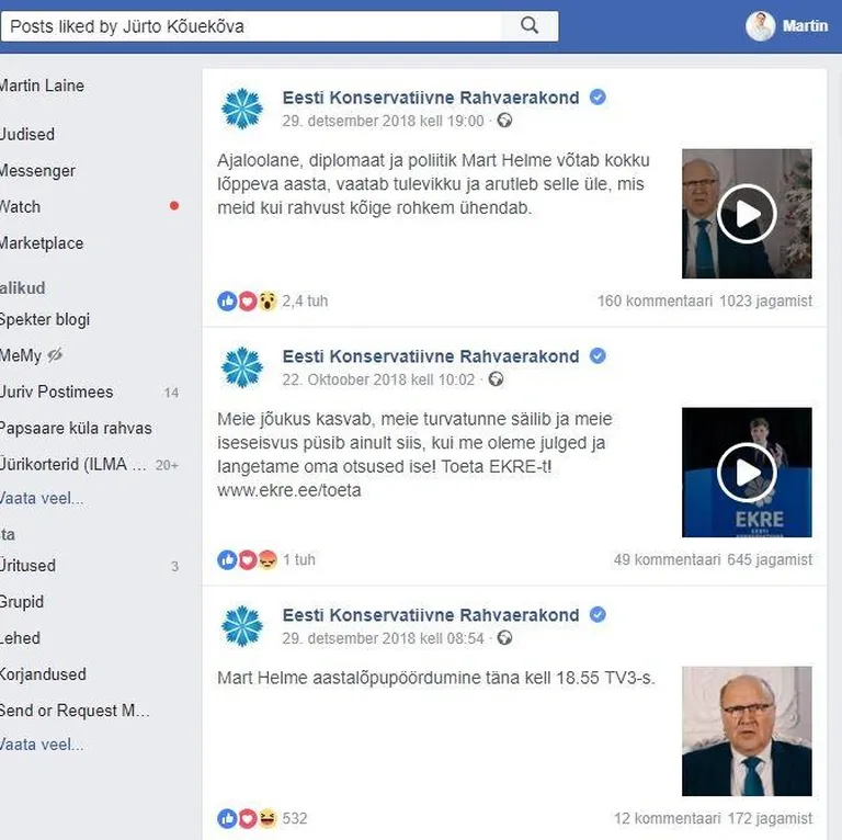 Nii mõnegi kahtlase konto tegevust uurides leiab hulga meeldimisi EKRE või EKREga seotud postitustele.