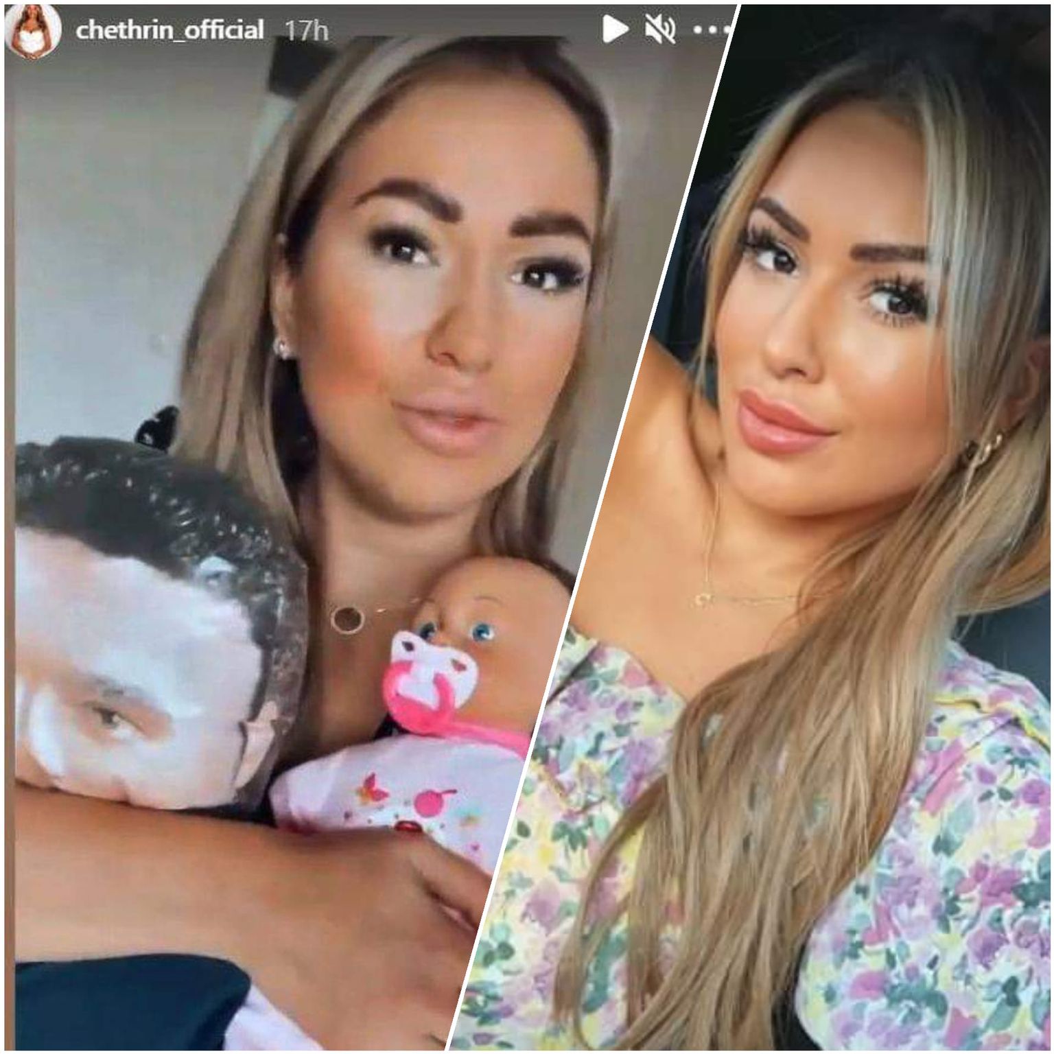 Vasakul kuvatõmmis Instagrami loost, kus näitlejanna tutvustab oma "meest" ja "last".