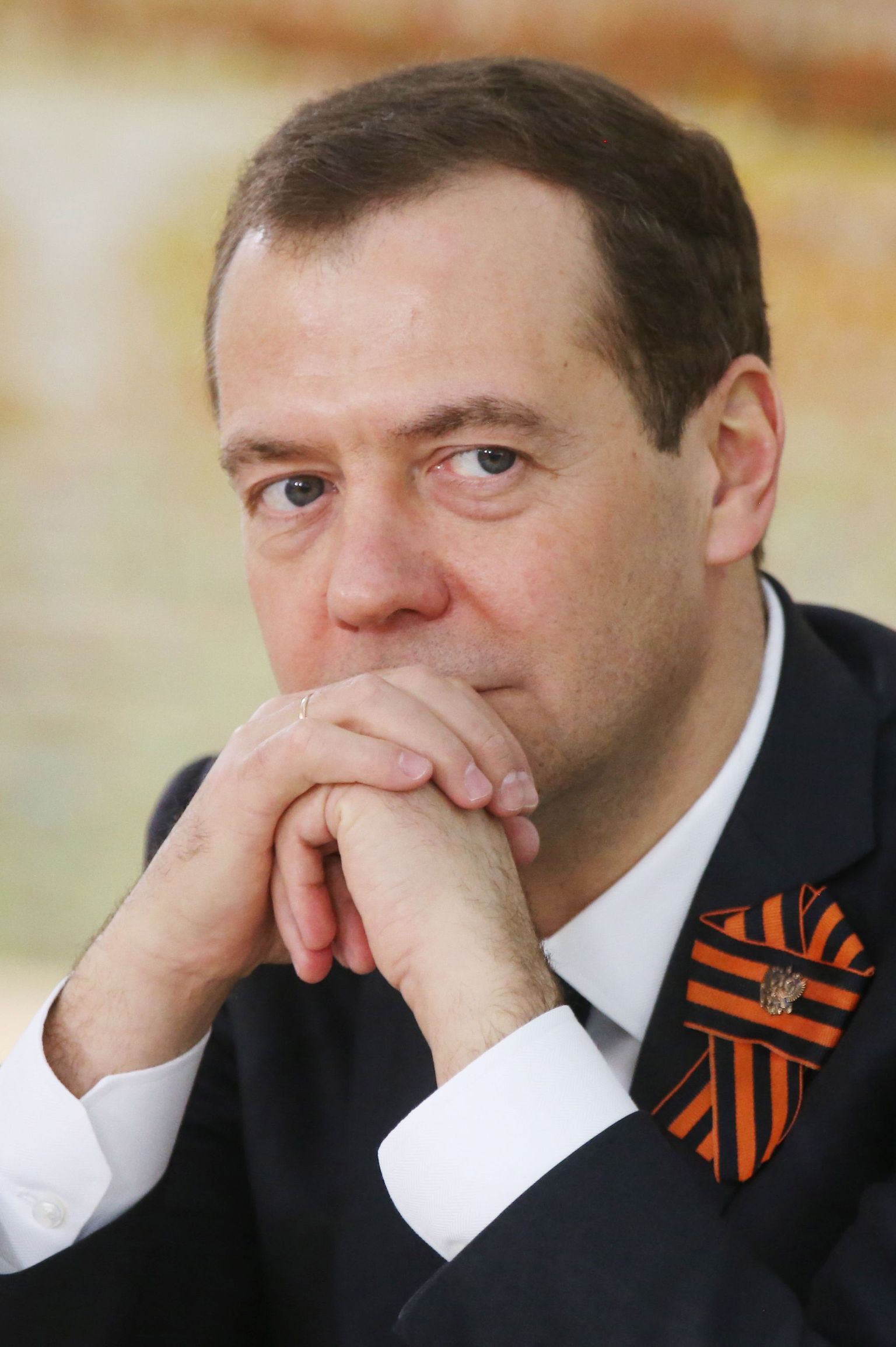 MOSCOW, RUSSIA. MAY 5, 2016. Russia's Prime Minister Dmitry Medvedev looks on during a meeting with WWII veterans at the Konkovo boarding house. Yekaterina Shtukina/Russian Government Press Office/TASS